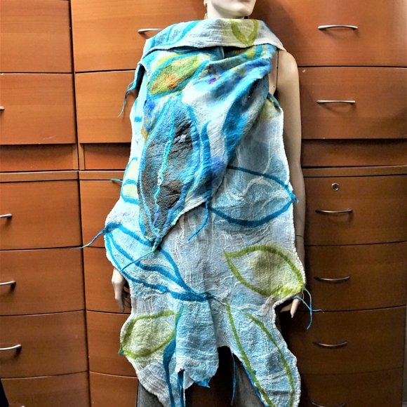 HUGE FELTED WOOL COTTON SHAWL HANDMADE IN EUROPE UNIQUE GIFT - Picture 5 of 8